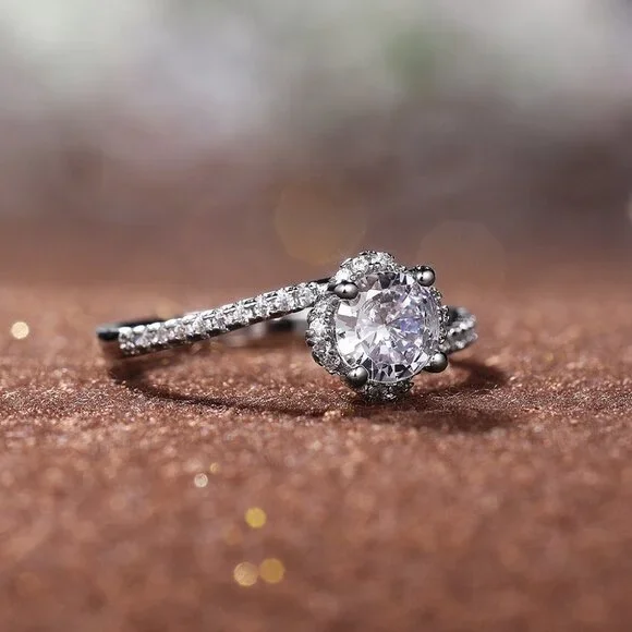 💍Beautiful CZ Diamond Twisted Macro Pave Silver Pure Flower Wedding Ring, K844